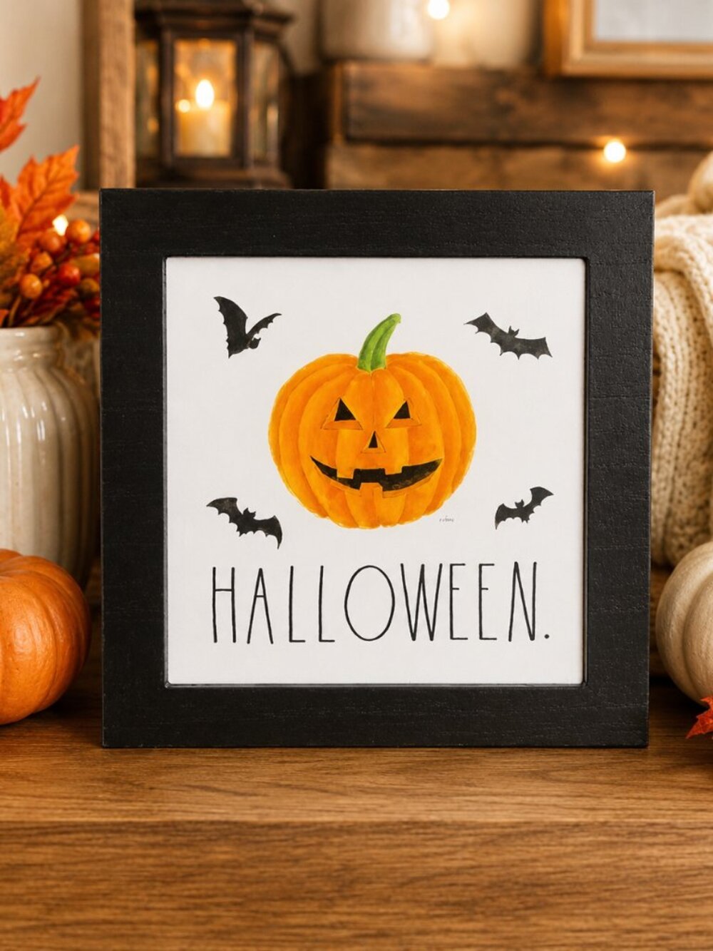 Rae Dunn Halloween Pumpkin Framed Sign Jack O Lantern Bats NWT